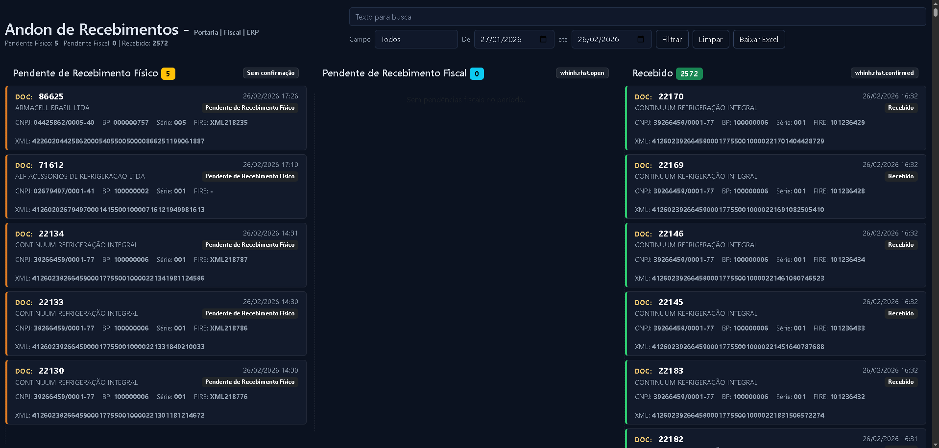 Portal para acompanhamento de notas e etapas de recebimento