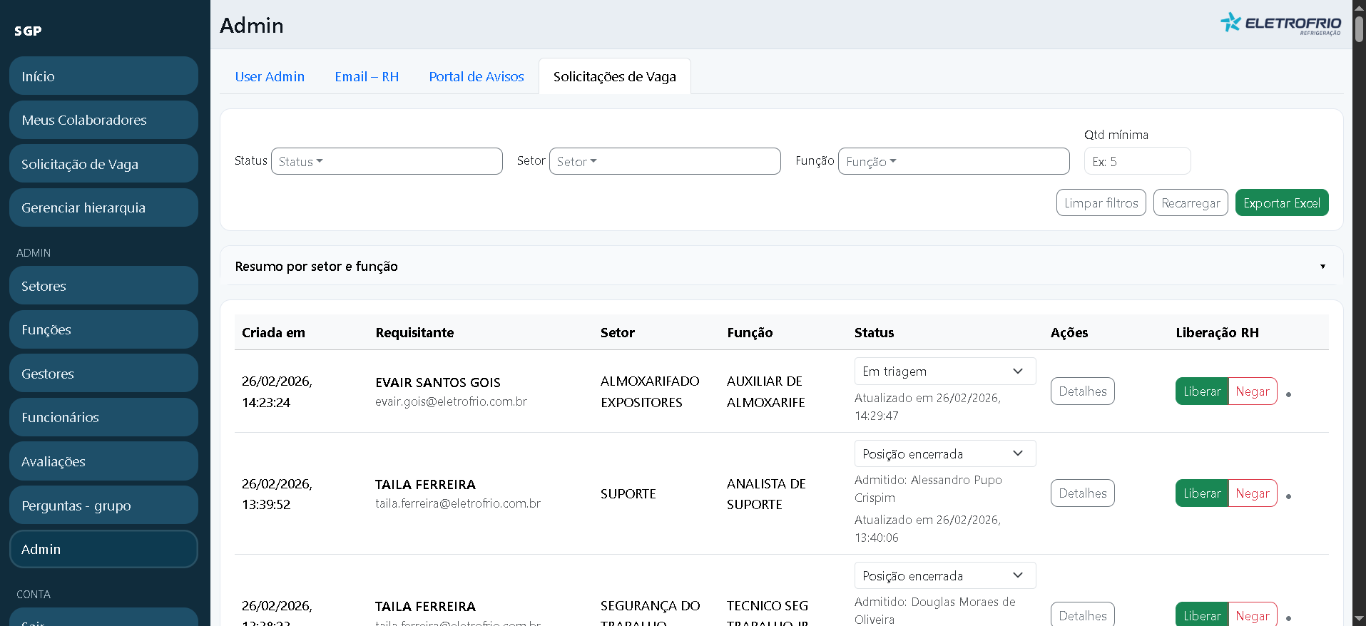 Tela do sistema RH com gestão de vagas e funcionários